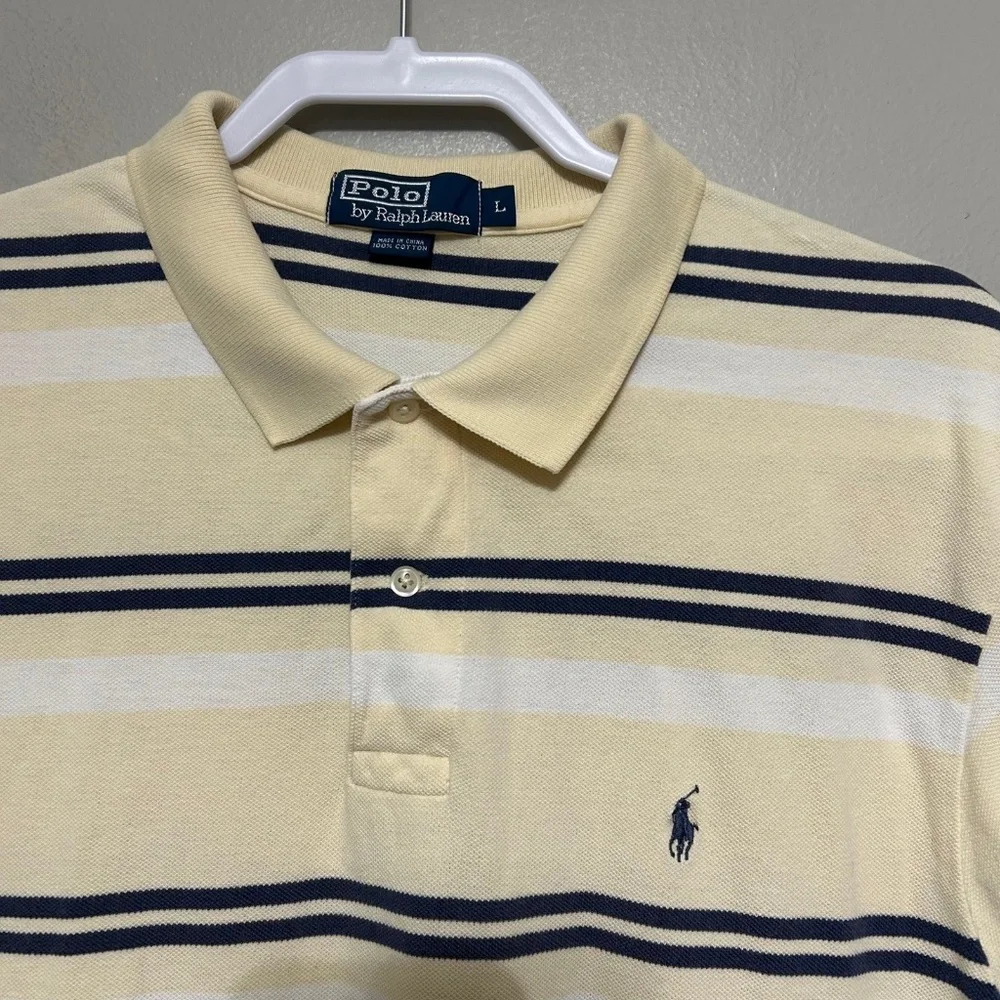 Polo Ralph Lauren Mens Polo Shirt L Striped Yellow Navy White Casual Preppy Golf